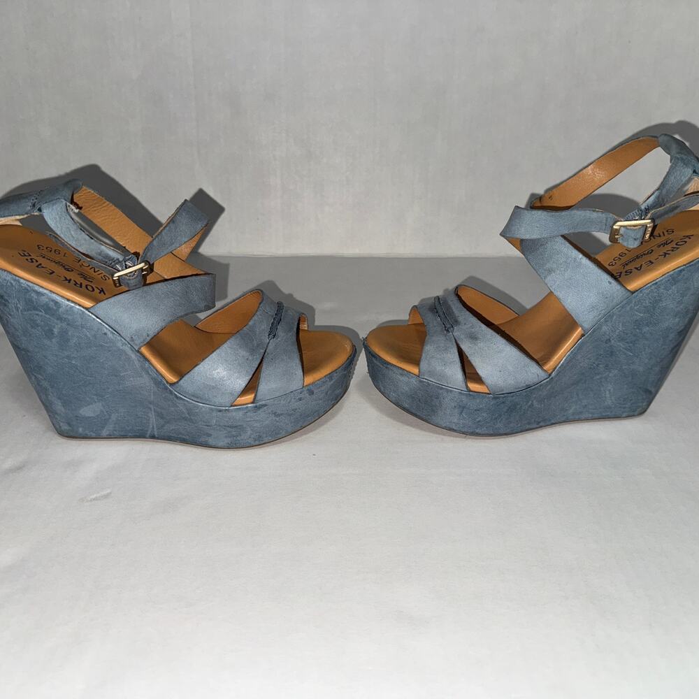 Kork-Ease Blue Gracen Leather Size 6 Wedge Platform Sandals Casual Chic Classic - Picture 4 of 10